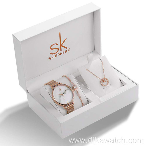 SK Luxury New Women's Fashion Jewelry Gift Set with Bracelet Necklace Luxury Quartz Watch Set Christmas Present for Women Gift